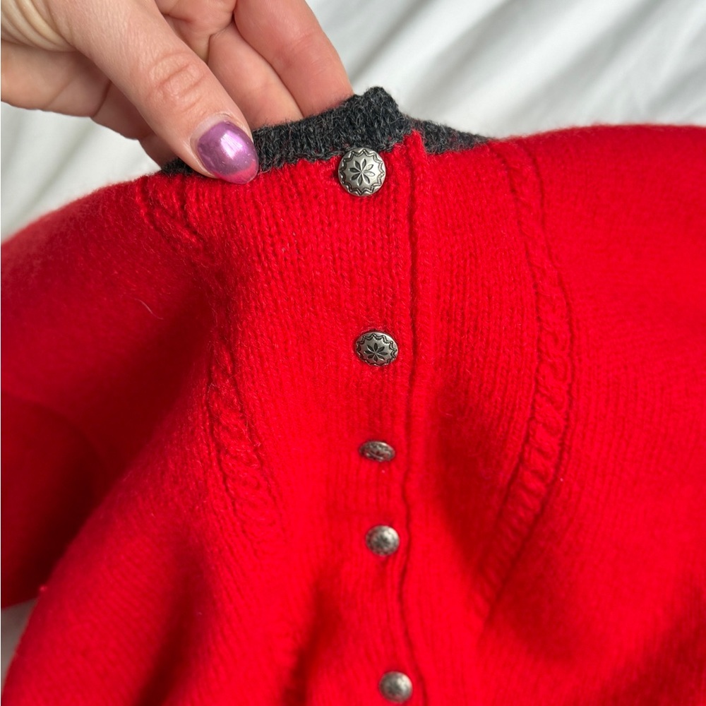 Red Button-Up Women's Sweater by Limited %100 wool in bright red color - Picture 5 of 11